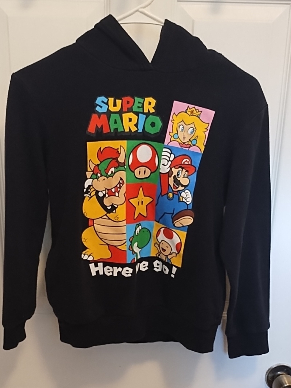 Nintendo Kids Hoodie - Black with Bright Multicolor Super Mario Characters (S)